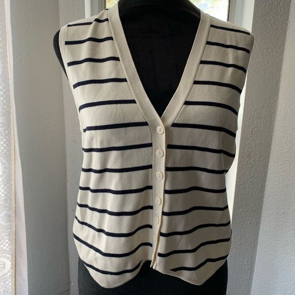 Zara Striped Button Front Sweater Vest Size L Nautical Coastal Preppy Knit Top - Picture 12 of 12